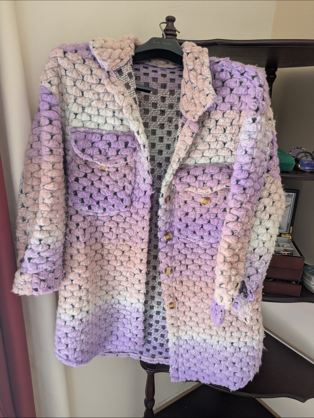 Vintage Lavender & Cream Chunky Crochet Teddy Jacket